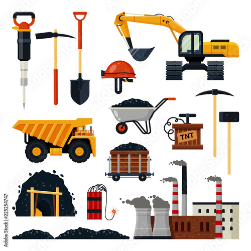 Coal mining icon set vector isolated illustration