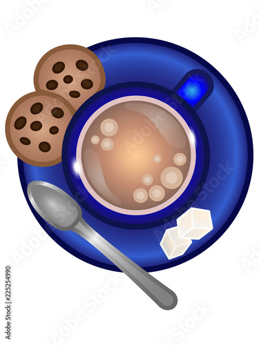 A cup on a saucer with biscuits and sugar pieces. A teaspoon on a saucer. View from above. Blue cup with cocoa / coffee. Vector illustration.