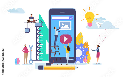 Developer create application. Mobile app development. Cartoon illustration vector graphic on white background.
