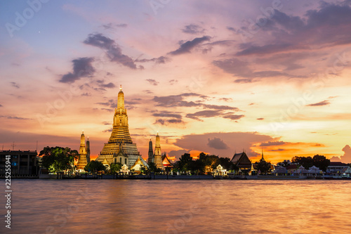 beautiful sunset wat arun temple chao phraya river, landscape Bangkok Thailand