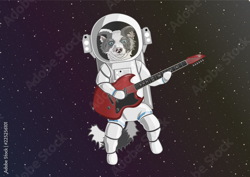 cartoon astronaut dog playing guitar in outer space