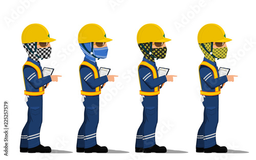 Set of construction worker with colorful face cover on transparent background