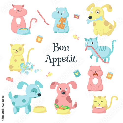 Cute pet animals eating food vector icon set