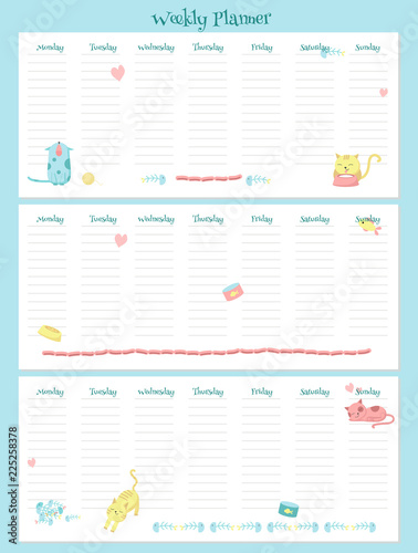 Weekly planner vector template with cute cats