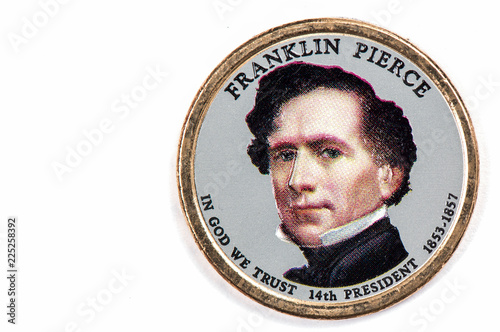 Franklin Pierce Presidential Dollar, USA coin a portrait image of FRANKLIN PIERCE IN GOD WE TRUST 14 th PRESIDENT 1853-1857, $1 United Staten of Amekica, Close Up UNC Uncirculated - Collection.