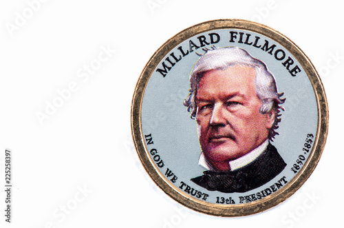 Millard Fillmore Presidential Dollar, USA coin a portrait image of MILLARD FILLMORE IN GOD WE TRUST 13 th PRESIDENT 1850-1853, $1 United Staten of Amekica, Close Up UNC Uncirculated - Collection photo