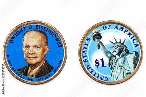 Dwight D. Eisenhower Presidential Dollar, USA coin a portrait image of LYNDON B. JOHNSON in God We Trust 34th PRESIDENT 1953-1961 on $1 United Staten of Amekica, Close Up UNC Uncirculated - Collection photo