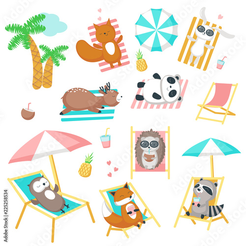 Cute animals taking rest on beach vector icon set