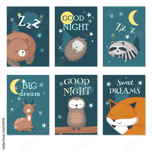 Cute sleeping wild animals vector card set