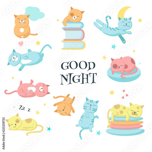 Cute sleeping pet cats vector icon set