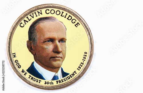 Calvin Coolidge Presidential Dollar, USA coin a portrait image of CALVIN COOLIDGE in God We Trust 30th PRESIDENT 1923 -1929 on $1 United Staten of Amekica, Close Up UNC Uncirculated - Collection