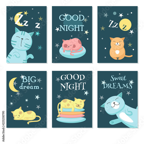 Cute sleeping pet cats vector card set
