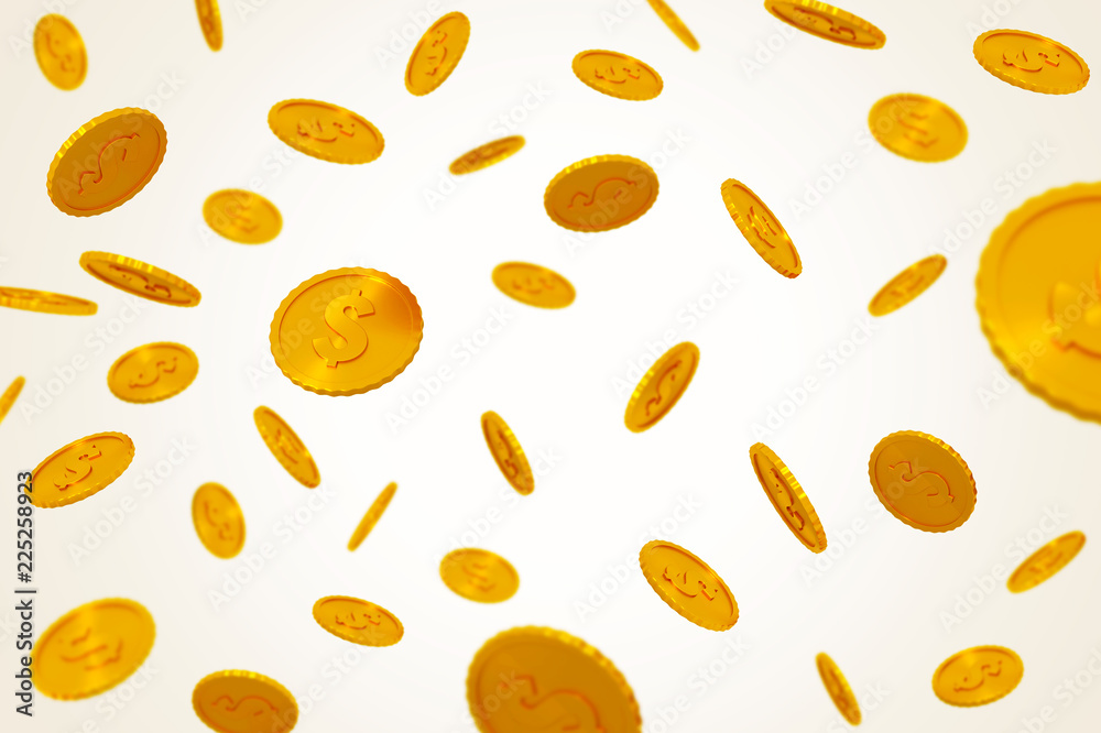 Falling gold coins on beige background. 3d render