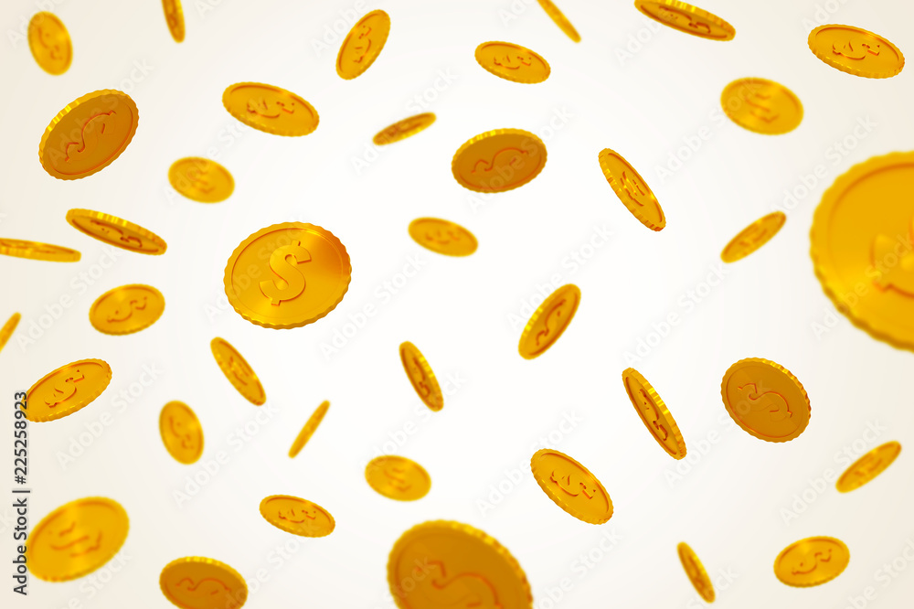 Falling gold coins on beige background. 3d render Falling gold coins on beige background. 3d render