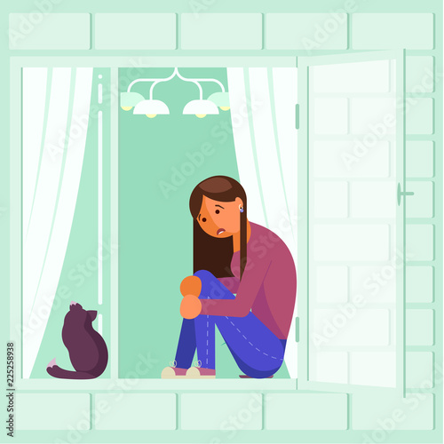 Depressed girl on window sill vector flat design