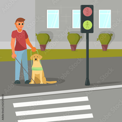 Vector illustration of blind man with guide dog