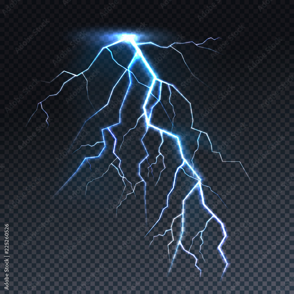 Lightning or thunderbolt light vector illustration. Isolated realistic sky thunderstorm electric spark flash on transparent background