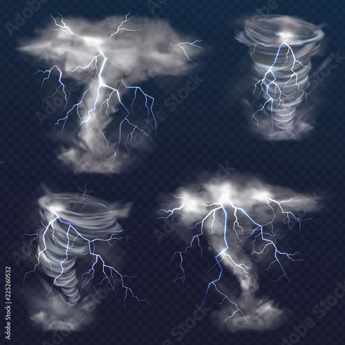 Tornado with lightning vector illustration of realistic thunderbolt light flash in twister hurricane. Wind cyclone vortex in storm weather isolated on transparent background photo