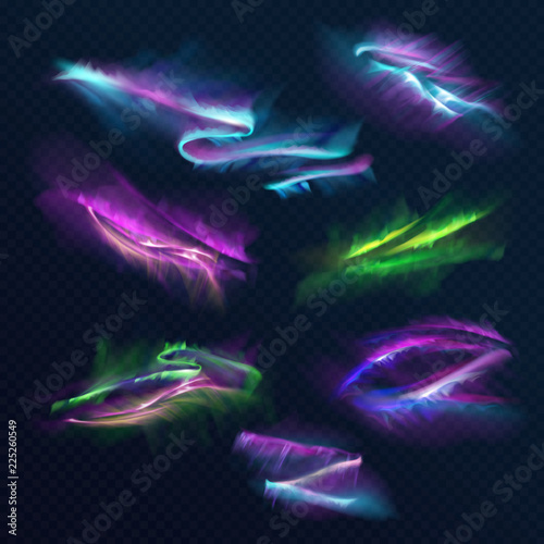 Aurora borealis polar lights vector illustration of northern or southern light shine in night sky. Realistic neon blue, green and purple blur on transparent background