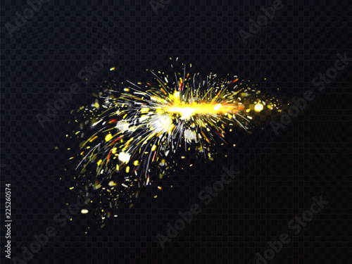 Fire sparks of metal welding or cutting flare sparkles. Vector illustration of firework light particles or starburst fiery explosion on transparent background