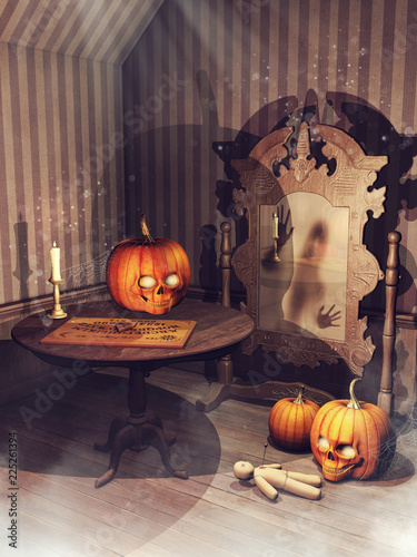 Stary pokój z nawiedzonym lustrem, laleczką voodoo i dyniami na Halloween