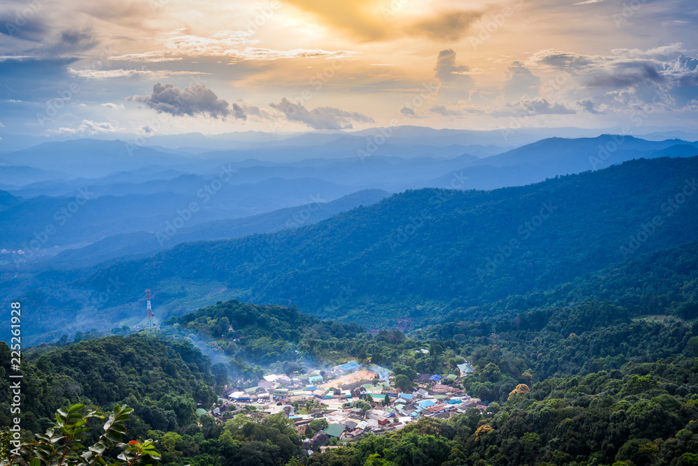 Top landscape View of mountain village on Doi Pui Mountains in sunset sky and clouds , Chiangmai , Thailand