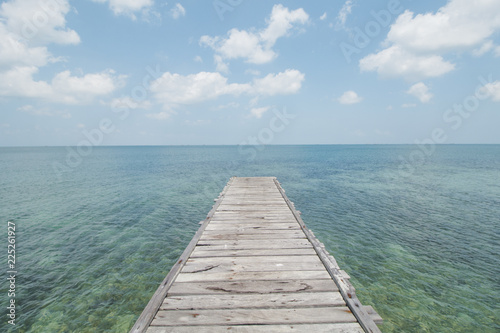Wooden Dock  Clear Sea Water  Cloudy Sky and Tropical Beach