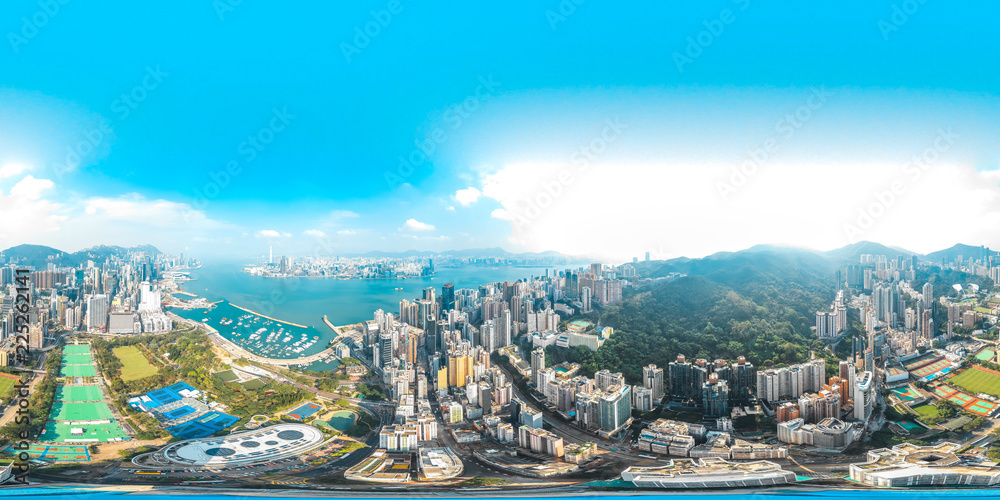 Naklejka premium 360 Widok z lotu ptaka panorama miasta Hong Kong, Chiny