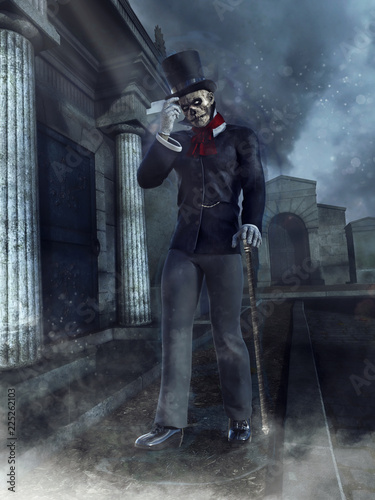 Zombie gentleman w alejce cmentarza nocą