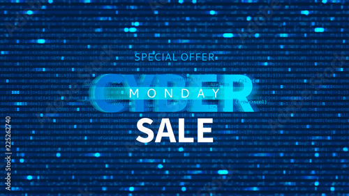 Cyber Monday sale banner with program code. Promo Blur Effect background. Vector Illustration with concept of Programming. Seasonal discount offer.