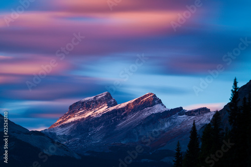 Evening light on the mountains along the Icefields Parkway in Banff National Park, Canada