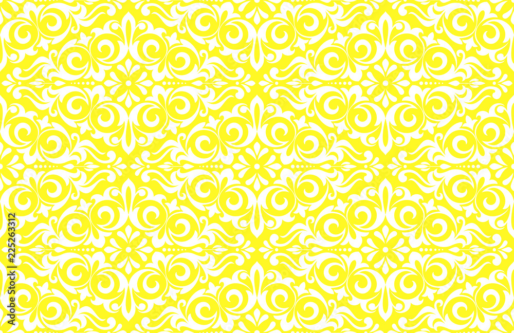 Wallpaper in the style of Baroque. Seamless vector background. White and yellow floral ornament. Graphic pattern for fabric, wallpaper, packaging. Ornate Damask flower ornament Wallpaper in the style of Baroque. Seamless vector background. White and yellow floral ornament. Graphic pattern for fabric, wallpaper, packaging. Ornate Damask flower ornament