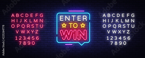 Enter to Win Neon Text Vector. Enter to Win neon sign, design template, modern trend design, night neon signboard, night bright advertising, light banner, light art. Vector. Editing text neon sign