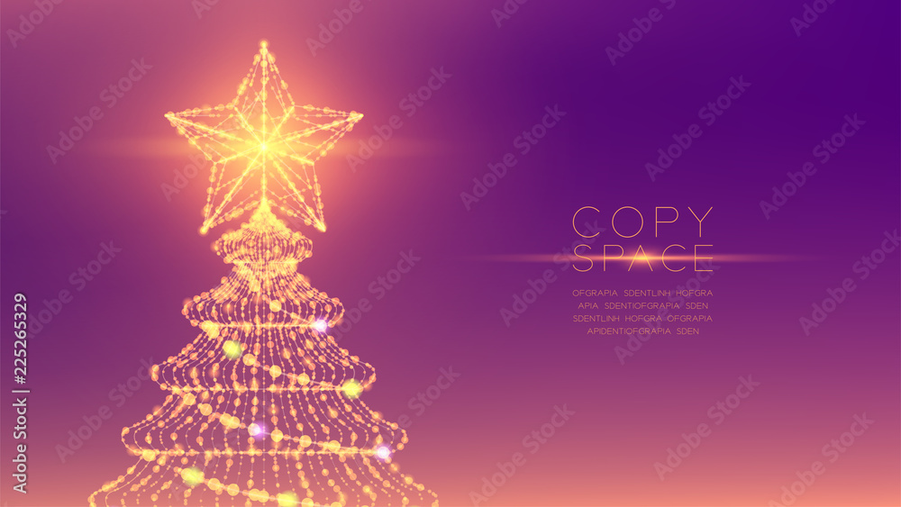 Christmas Tree with Star wireframe polygon bokeh light frame structure and lens flare, Technology connection concept design illustration isolated on purple gradient background with copy space Christmas Tree with Star wireframe polygon bokeh light frame structure and lens flare, Technology connection concept design illustration isolated on purple gradient background with copy space