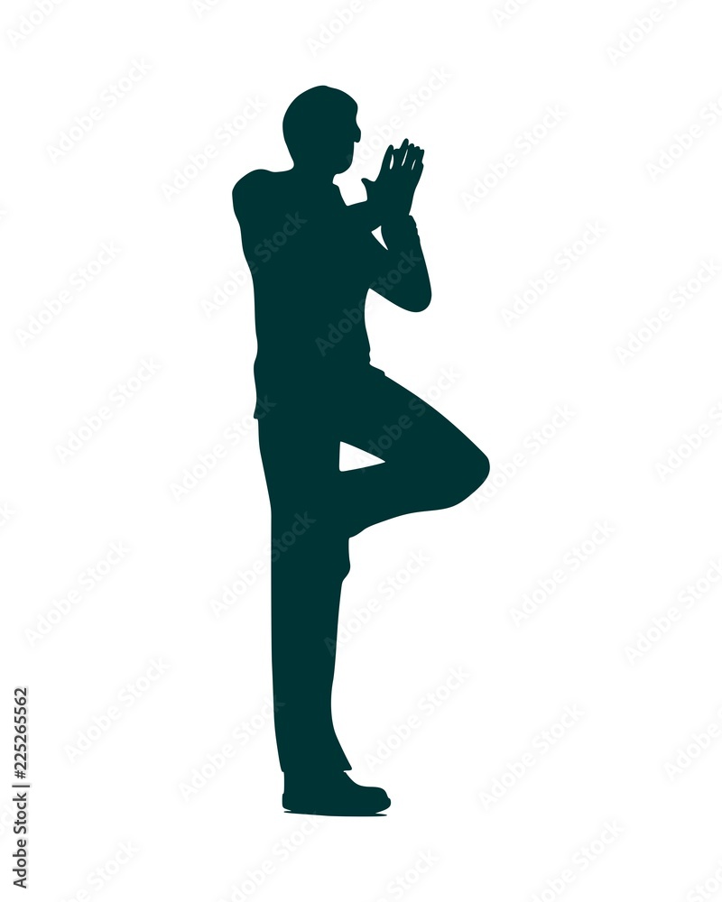 Businessman folded his hands in prayer. Silhouette of businessman in yoga pose.