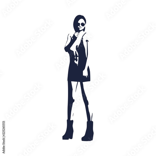 Sexy woman silhouette in short dress. Young lady wearing sunglasses and rise her hands to face