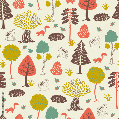 Autumn Seamless Pattern with Cute Hand Drawn Animals and Trees.