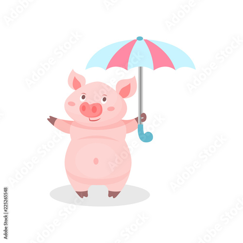 Funny pig standing with umbrella, cute little piglet cartoon character vector Illustration on a white background