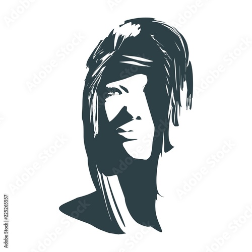 Face front view. Elegant silhouette of a female head. Portrait of a happy smiled woman. Long hair