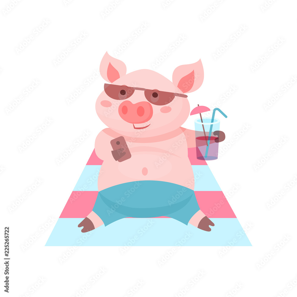 Funny pig drinking a cocktail while lying on the beach, cute piglet cartoon character on summer vacation vector Illustration on a white background