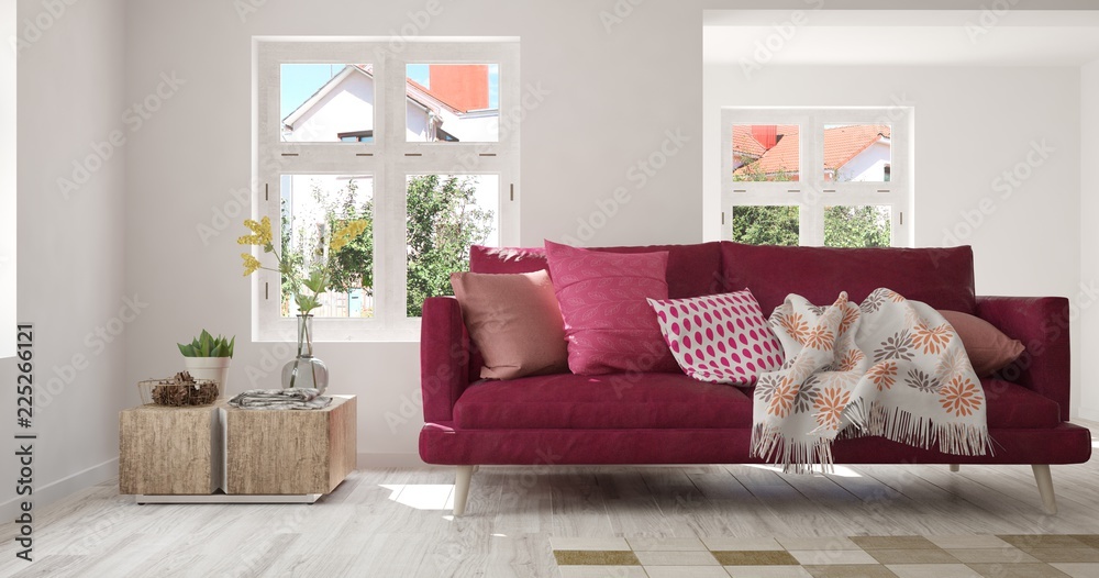 Fototapeta Idea of white minimalist room with sofa. Scandinavian interior design. 3D illustration