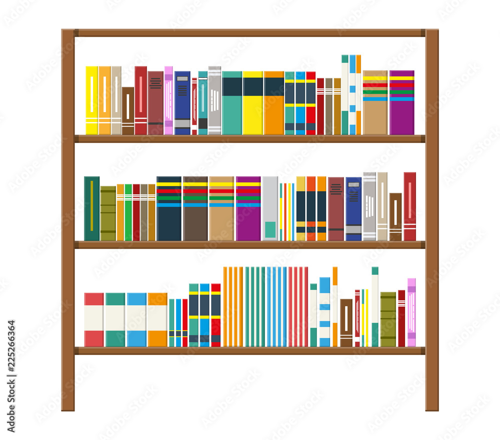 Library book shelf. Bookcase with different books. Library book shelf. Bookcase with different books.