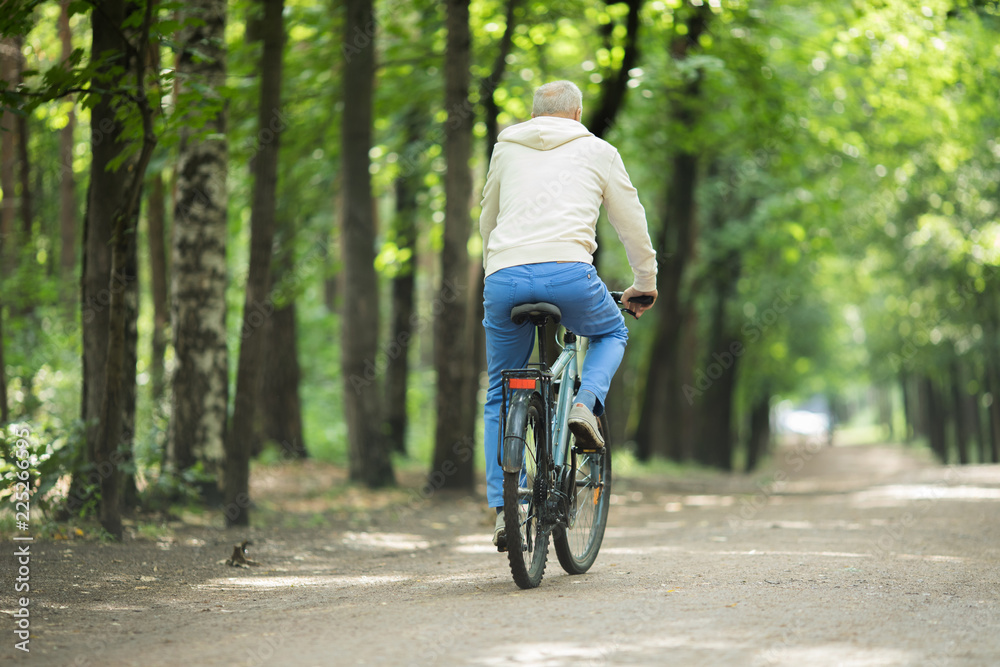 Rear view of active senior man riding bicycle along forest road on summer day