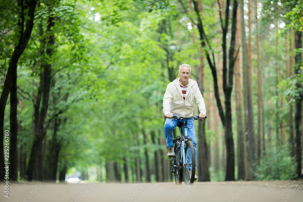Retired active man riding bicycle along forest road between greeen trees on summer day Retired active man riding bicycle along forest road between greeen trees on summer day
