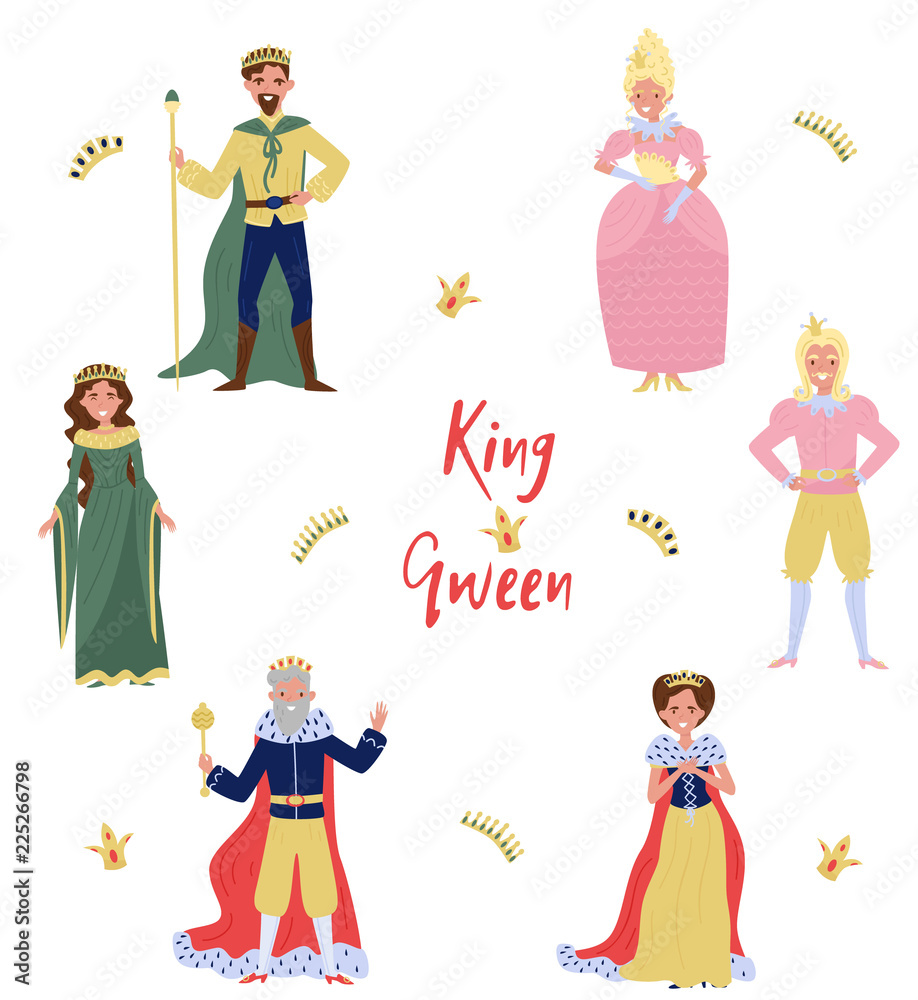 Collection of fairytale characters, king,queen, prince and princess, persons in historical costumes vector Illustration on a white background