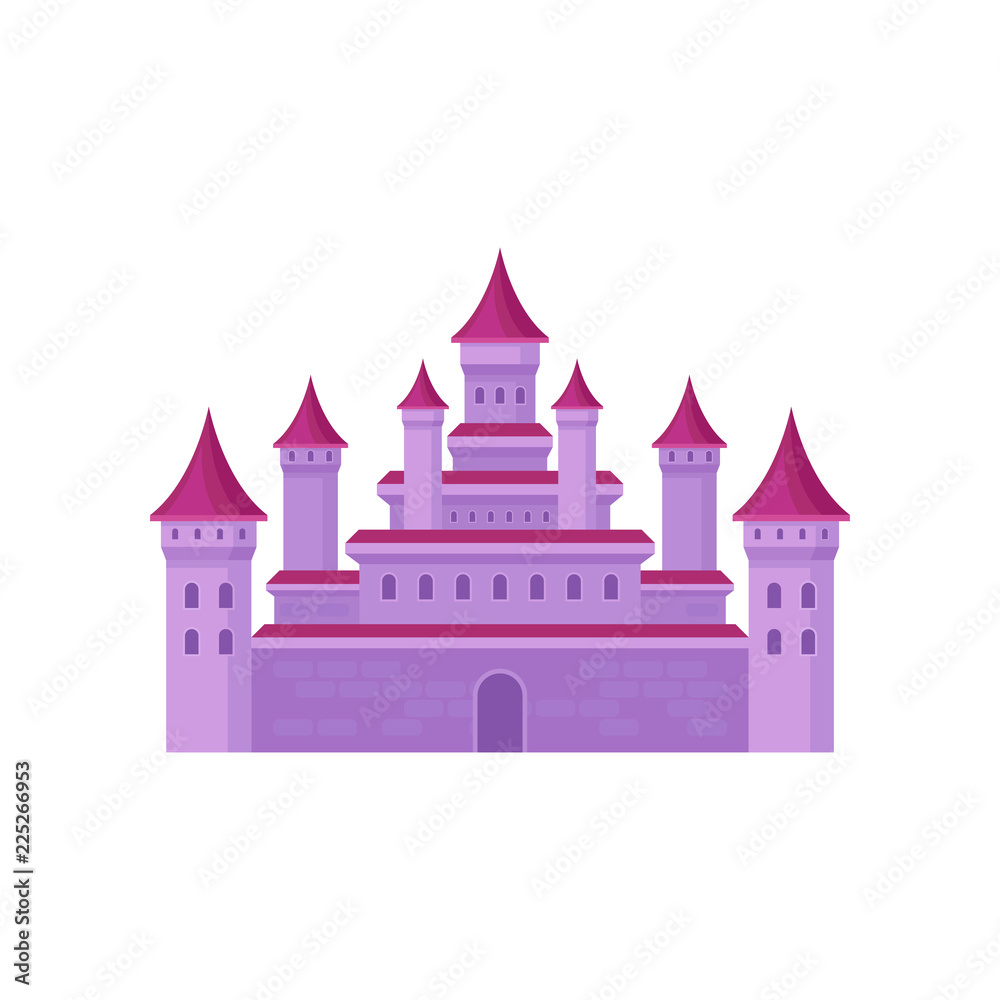 Naklejka premium Big fairy tale castle with high towers and conical roofs. Pink medieval fortress. Flat vector for children book