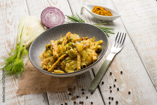 tempeh salad with fennel olives curry and chive