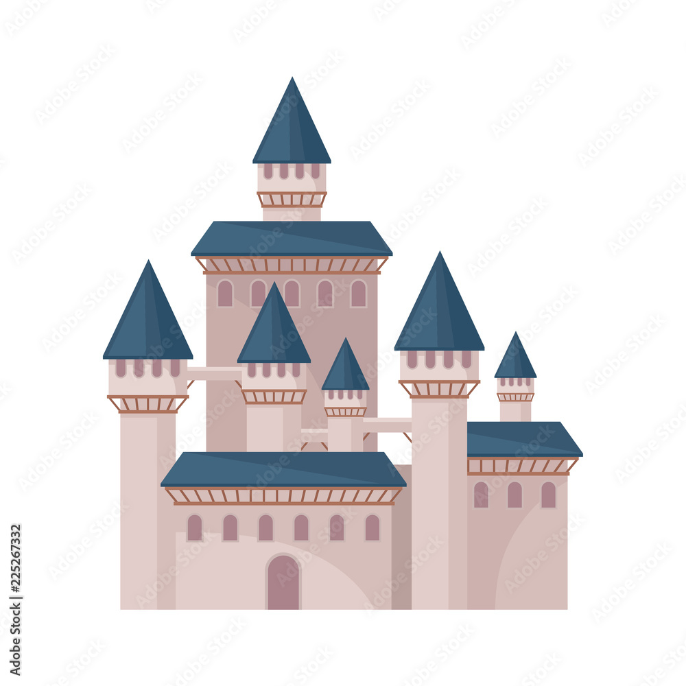 Big fairy tale castle with high towers and conical roofs. Large royal fortress. Flat vector element for children book