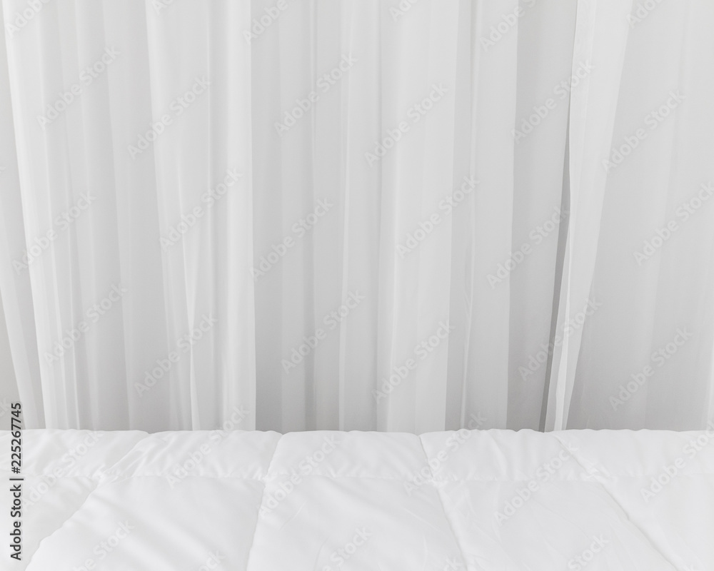 Bedding backdrops. White curtains fabric background.
