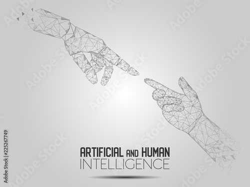 Robot and human touching hands vector polygonal background